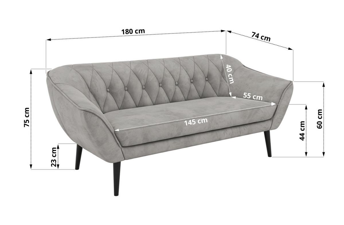 3-SITZER-SOFA PIRS - Hellgrau Velvet - Schwarze Beine - Hellgrau/Schwarz, Holzwerkstoff/Textil (180/75/74cm) - MKS