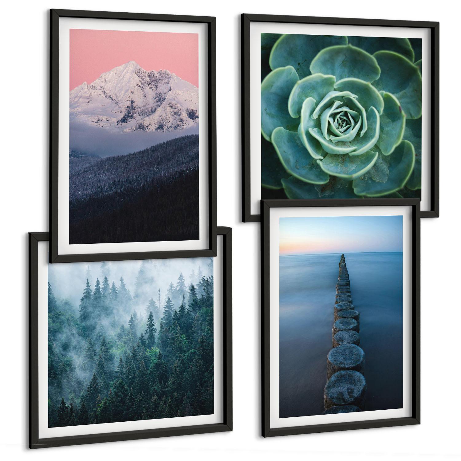 BILDER SET 4er Set - 50x50 cm & 40x60 cm Schwarzer Rahmen - Berge, rosa Himmel, Wasser, Sukkulente - Schwarz, Kunststoff (50/50cm) - TULUP