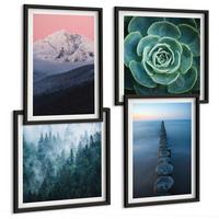 BILDER SET 4er Set - 50x50 cm & 40x60 cm Schwarzer Rahmen - Berge, rosa Himmel, Wasser, Sukkulente - Schwarz, Kunststoff (50/50cm) - TULUP