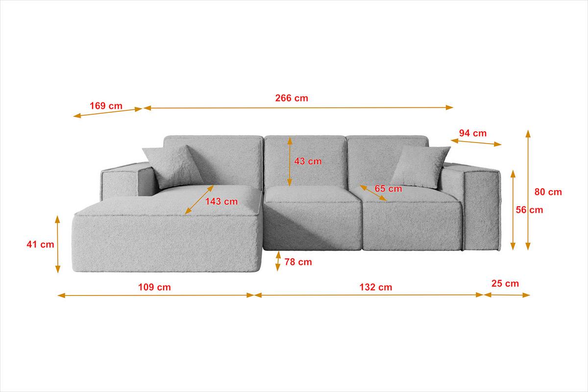 ECKSOFA Ottomane Rechts SERRA-L - 266x169x80 cm Hellgrau Bouclé - Hellgrau/Schwarz, Holzwerkstoff/Kunststoff (266/169cm) - ALTDECOR