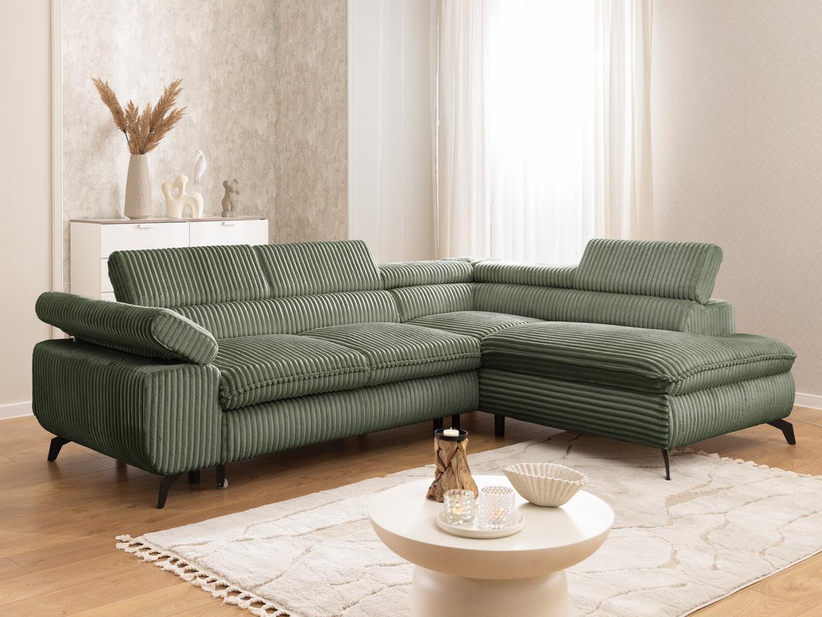 ECKSOFA mit Schlaffunktion und Bettkasten Bonnie aus Olive Cord-Stoff mit verstellbaren Kopfstützen und Armlehne - Ottomane rechts - Schwarz/Hellgrün, Holz/Textil (275/210cm) - S-Style Möbel