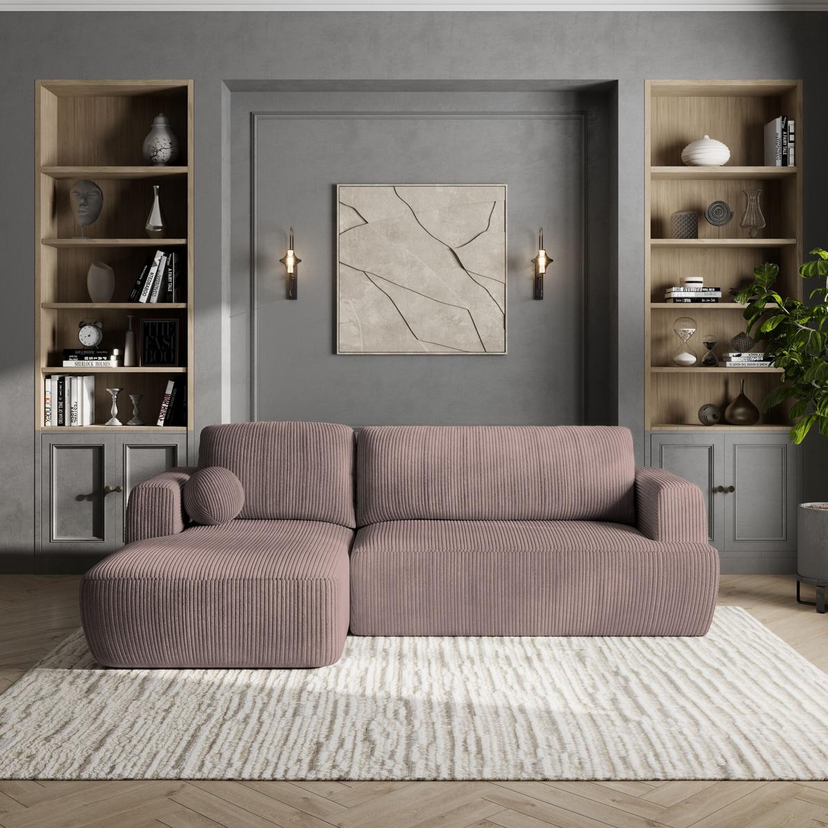 ECKSOFA SENTI P L-S Lila Kordstoff mit Schlaffunktion - Lila/Schwarz, Holz/Kunststoff (246/148cm) - MASSENO