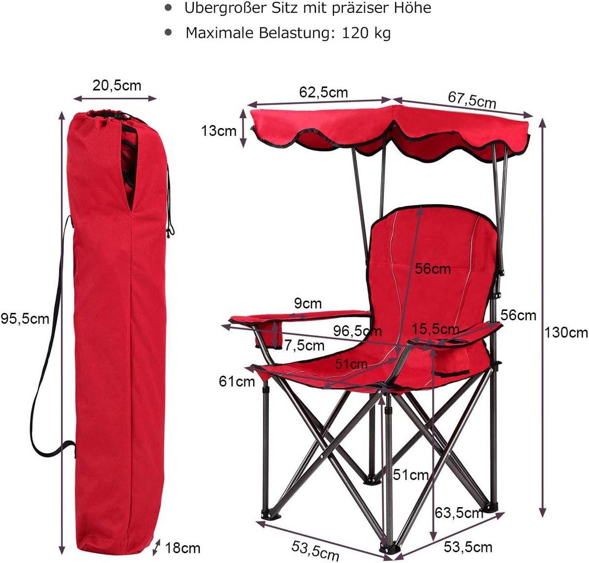 CAMPINGSTUHL mit Sonnendach Rot - Rot, Metall (97/130/68cm) - COSTWAY