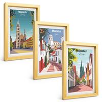 BILDER SET 3er Set - 20x30 cm Goldrahmen - Europäische Städte in farbigen Zeichnungen - Goldfarben, Kunststoff (20/30cm) - TULUP