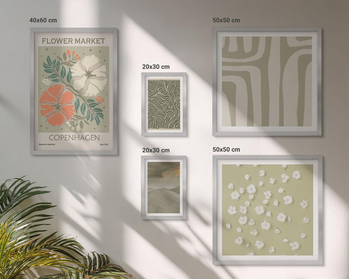 BILDER SET 5er Set - 50x50 cm & 20x30 cm & 40x60 cm Silberner Rahmen - Abstrakte Boho-Muster - Silberfarben, Kunststoff (40/60cm) - TULUP