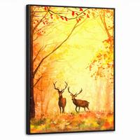 LEINWAND Bilder mit Rahmen - Natur - Ölfarbe - Hirsche - Tiere - Herbst - Orange - 50x70 - Orange, Textil (50/70cm) - MuchoWow