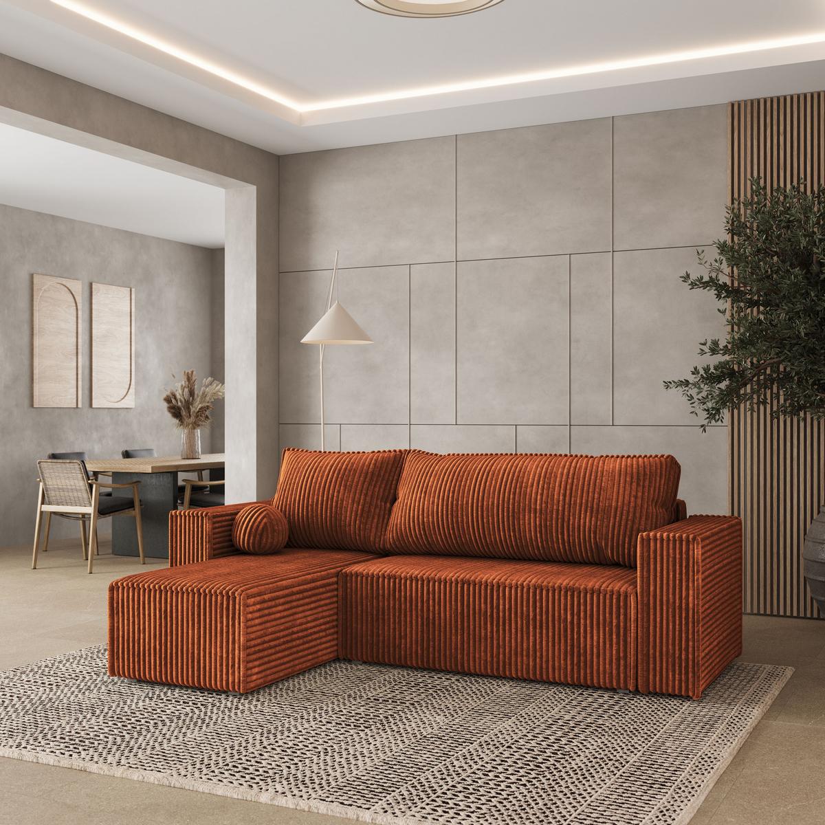 ECKSOFA RAVELO T Braun Kordstoff mit Schlaffunktion - Braun/Grau, Holz/Kunststoff (240/140cm) - MASSENO