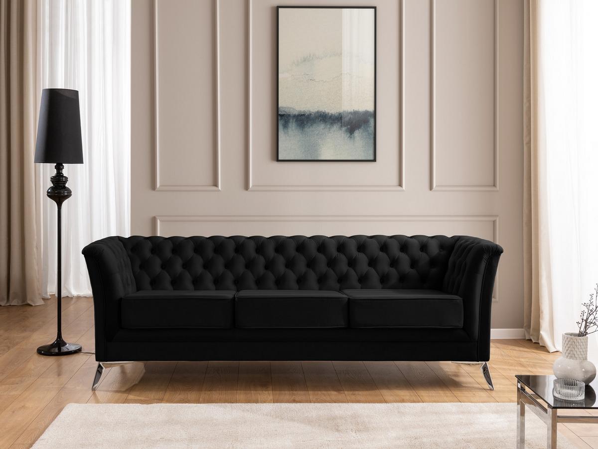 SITZGARNITUR 3+2+1 Chesterfield Whitby Schwarz Samt mit silbernen Füßen - Silberfarben/Schwarz, Holz/Textil (237/78/82cm) - S-Style Möbel