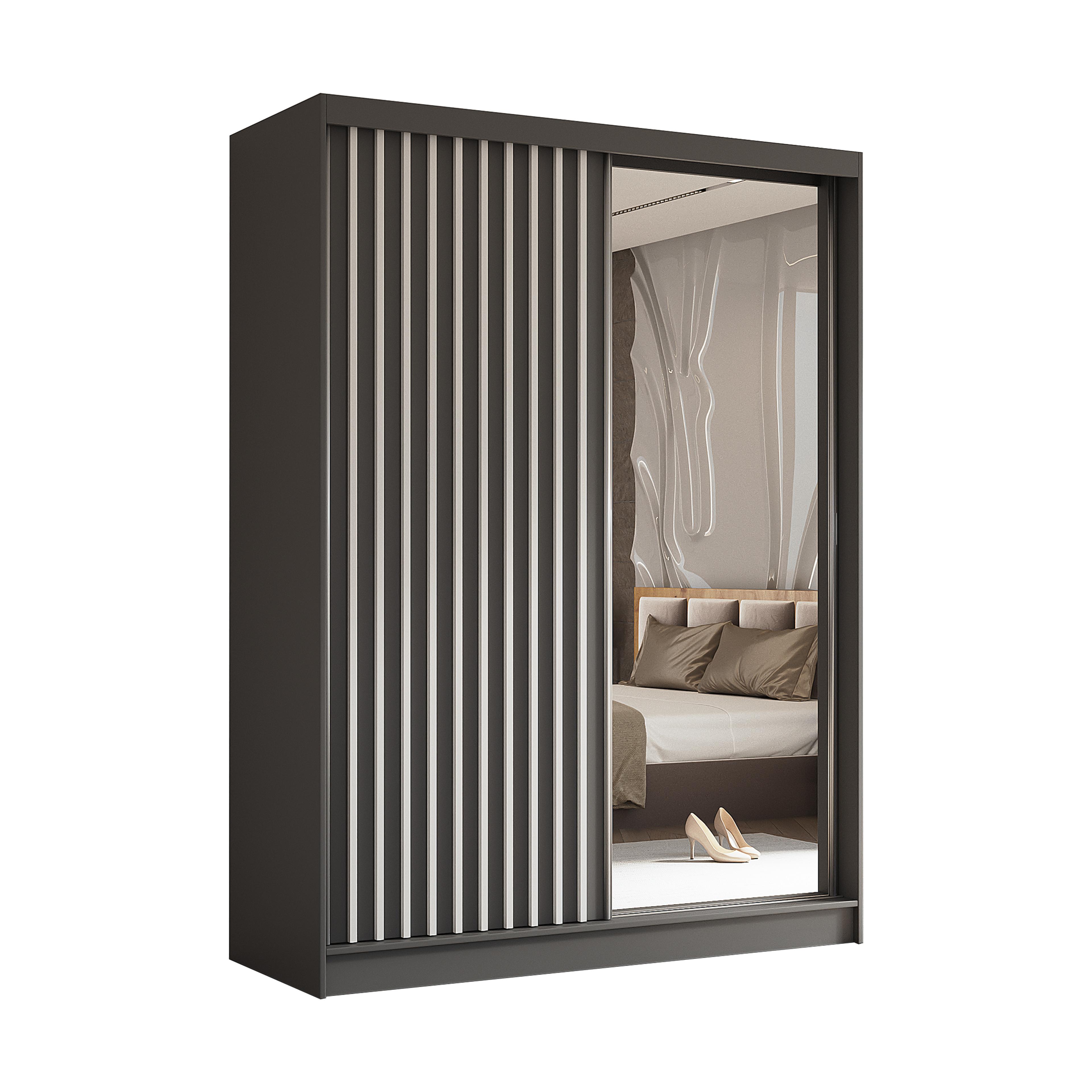 SCHWEBETÜRENSCHRANK LAMELLO 160/216/61 cm 2-türig mit Spiegel Grau - Grau, Holzwerkstoff (160/216/61cm) - MASSENO