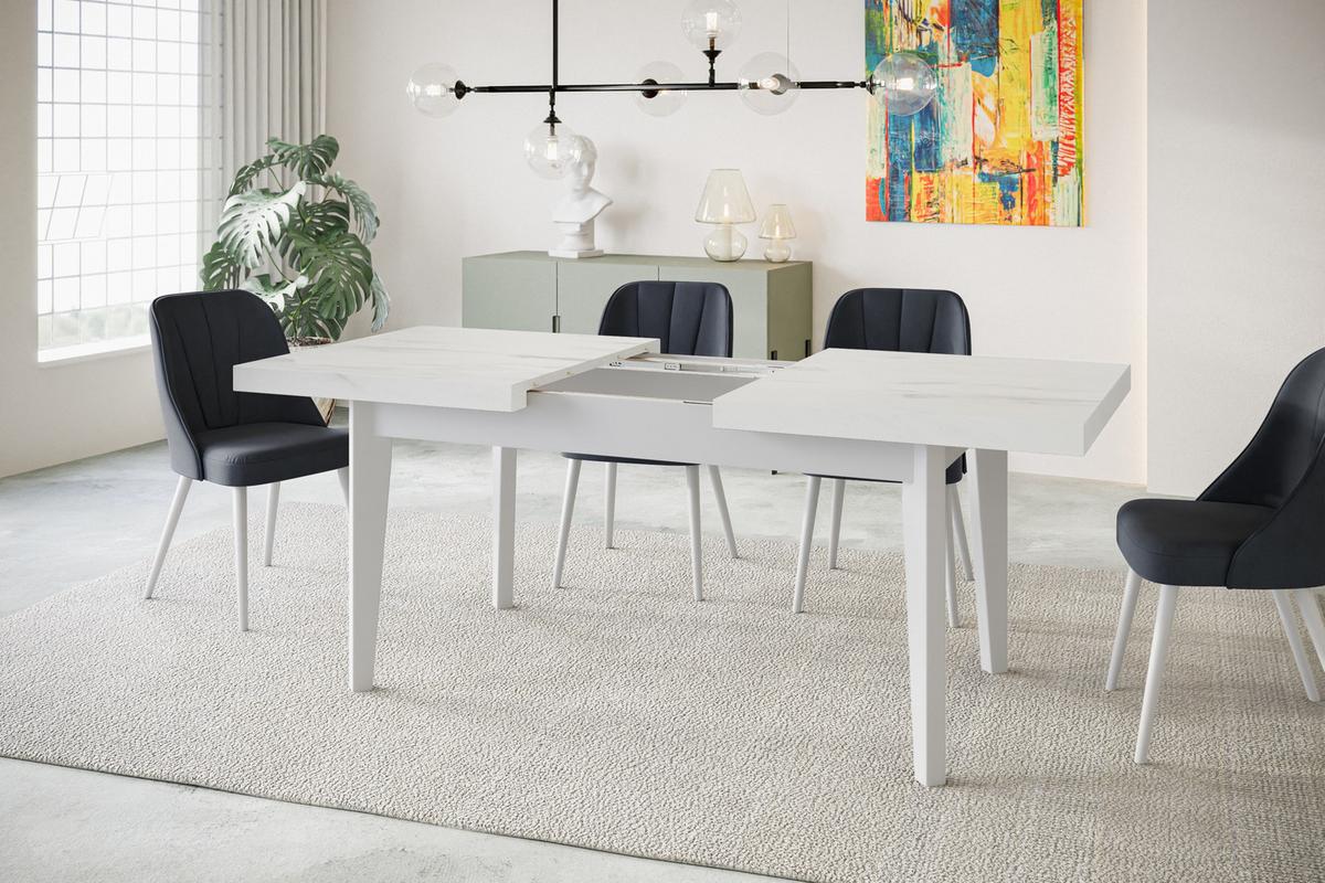 RECHTECKIGER Esszimmertisch SKANDI, ausziehbarer Tisch, Größe: 120-160X80X78 cm, Wohnzimmertisch Farbe: MARMUR, mit Holzbeinen in Farbe Weiß - Hellgrau/Weiß, Holzwerkstoff (120/80/78cm) - Alpi-Möbel