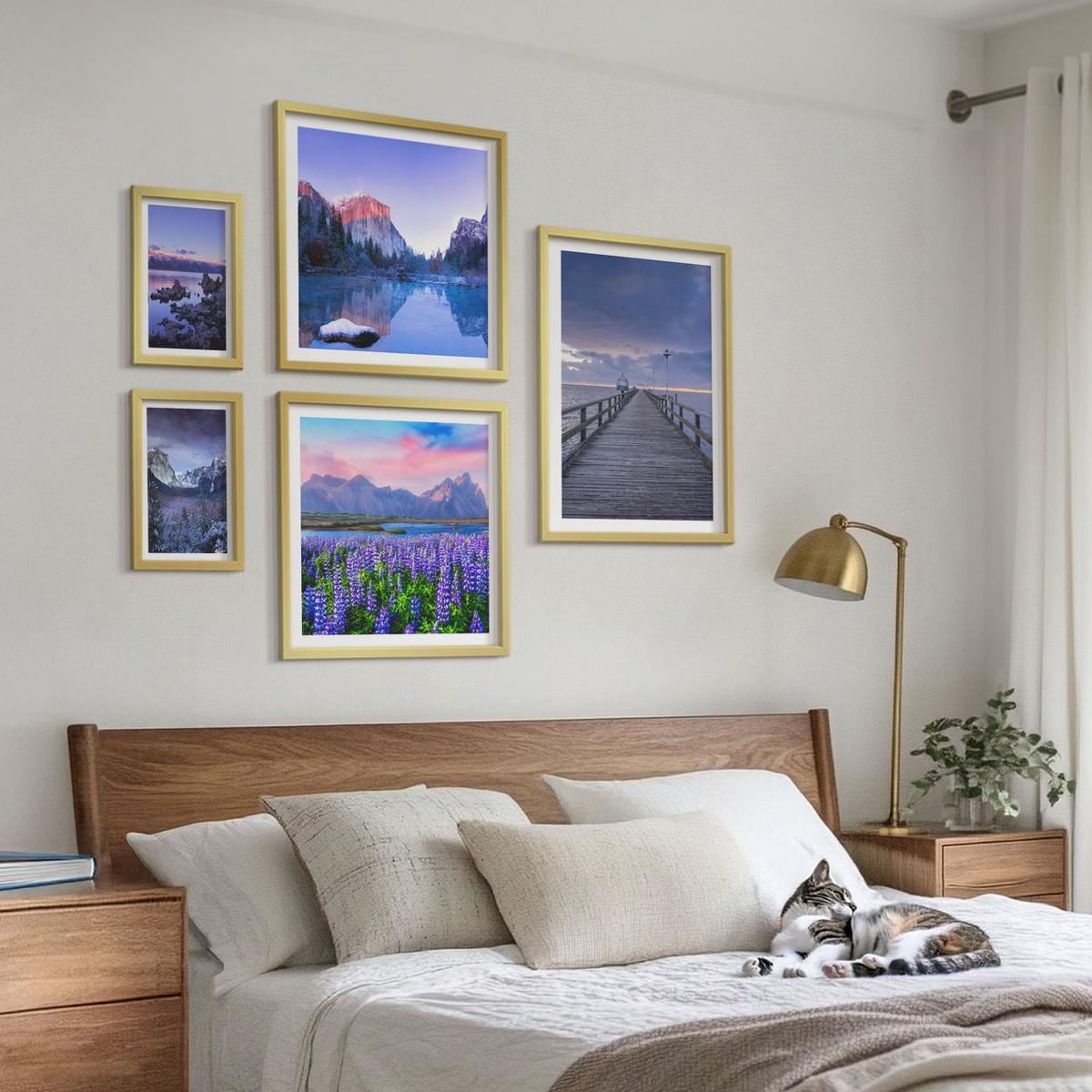 BILDER SET 5er Set - 50x50 cm & 20x30 cm & 40x60 cm Goldrahmen - Berglandschaften, Wasser, Blumenfeld - Goldfarben, Kunststoff (40/60cm) - TULUP