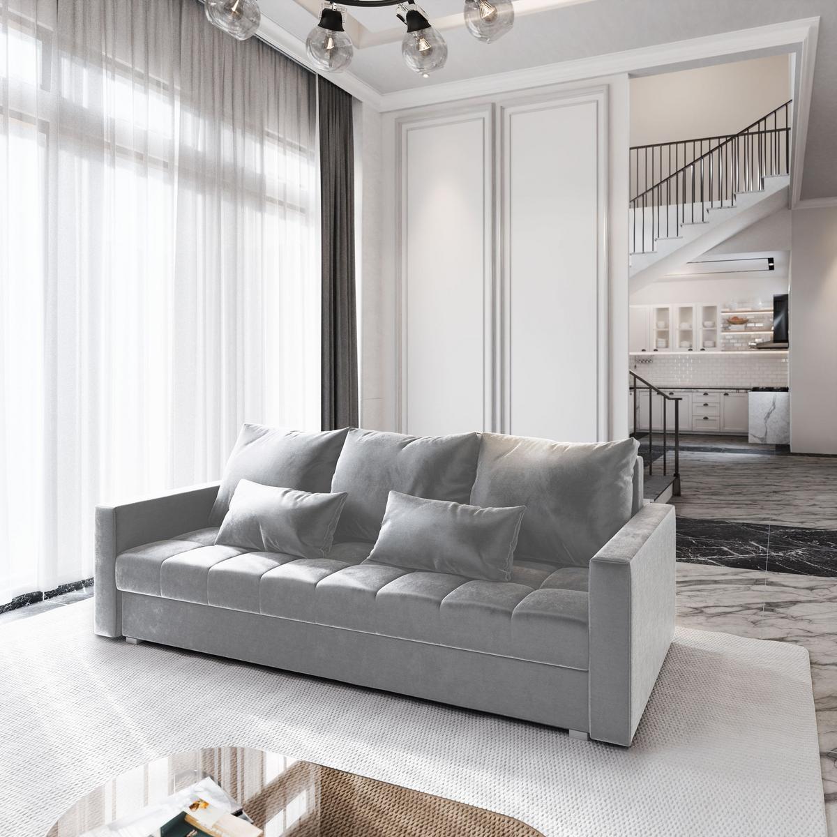 BETTSOFA SIRO Hellgrau Plüsch-Stoff mit Schlaffunktion - Hellgrau, Textil (222/83/86cm) - MASSENO