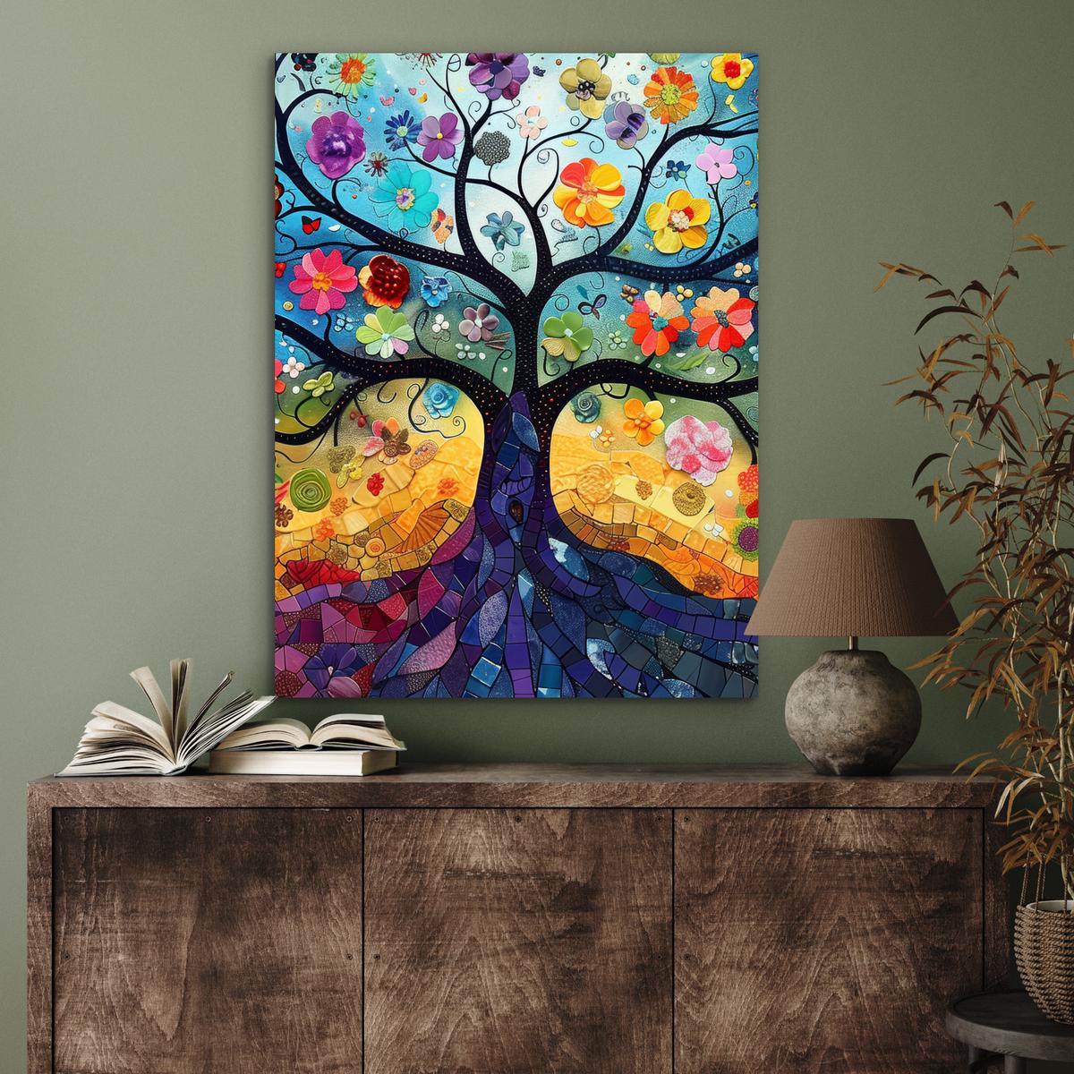 METALLBILD Kunst - Baum des Lebens - Blumen - Hippie 60x80 cm - Dunkelblau, Metall (60/80cm) - MuchoWow