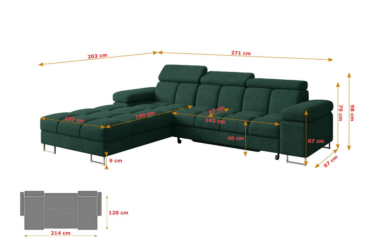 ECKSOFA mit Schlaffunktion Ottomane Links 271x203x79 Grün Velours - Grün, Holzwerkstoff/Textil (271/203cm) - ALTDECOR