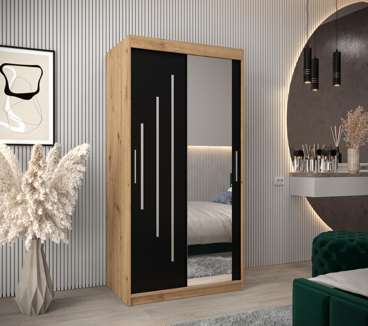 SCHWEBETÜRENSCHRANK 200/100/62 2-türig - Silberfarben/Schwarz, Holz/Kunststoff (100/200/62cm) - Abiks Möbel