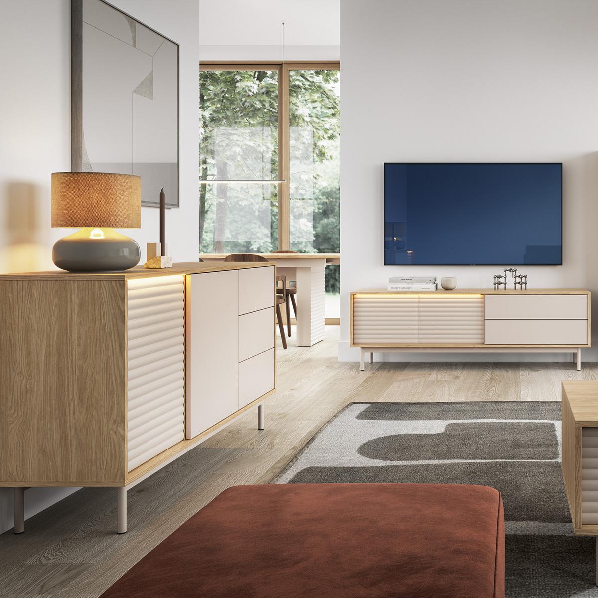 KOMMODE Terra mit 2 Türen und 3 Schubladen, Kaschmir/geölte Eiche - Kaschmir, Holzwerkstoff/Metall (140/77/40cm) - Beautysofa