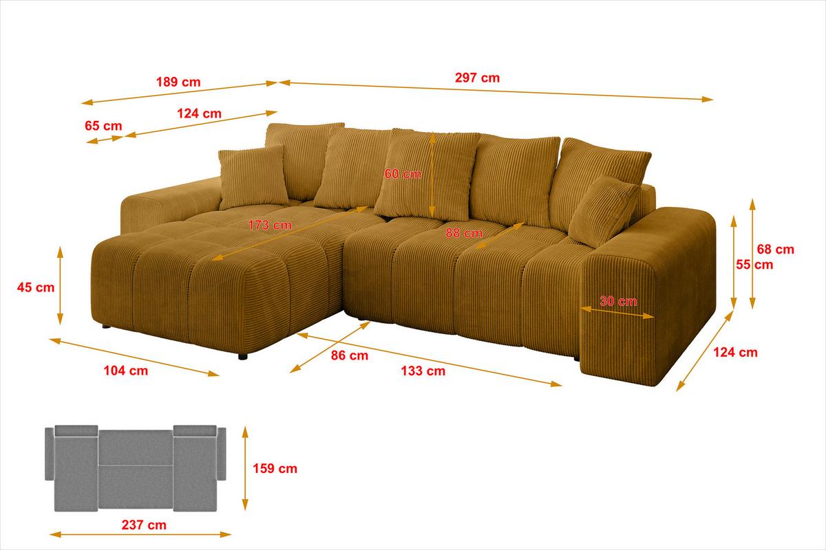 ECKSOFA Ottomane links ENIL-L 297x189x68 Senfgelb Cord - Currygelb, Holzwerkstoff/Kunststoff (297/189cm) - ALTDECOR