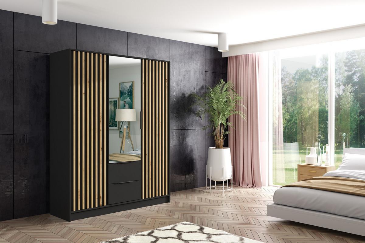 KLEIDERSCHRANK NERA - 150 cm - Schwarz|Eiche Artisan - Schwarz/Eiche Artisan, Holzwerkstoff (150/200/51cm) - ALTDECOR