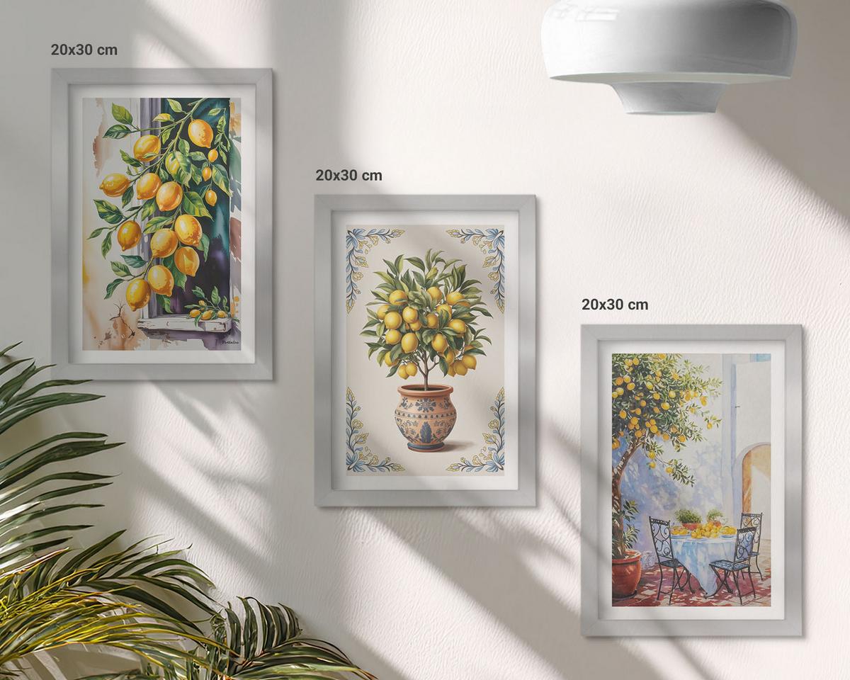 BILDER SET 3er Set - 20x30 cm Silberner Rahmen - Zitronenbäume Früchte Sonne - Silberfarben, Kunststoff (20/30cm) - TULUP