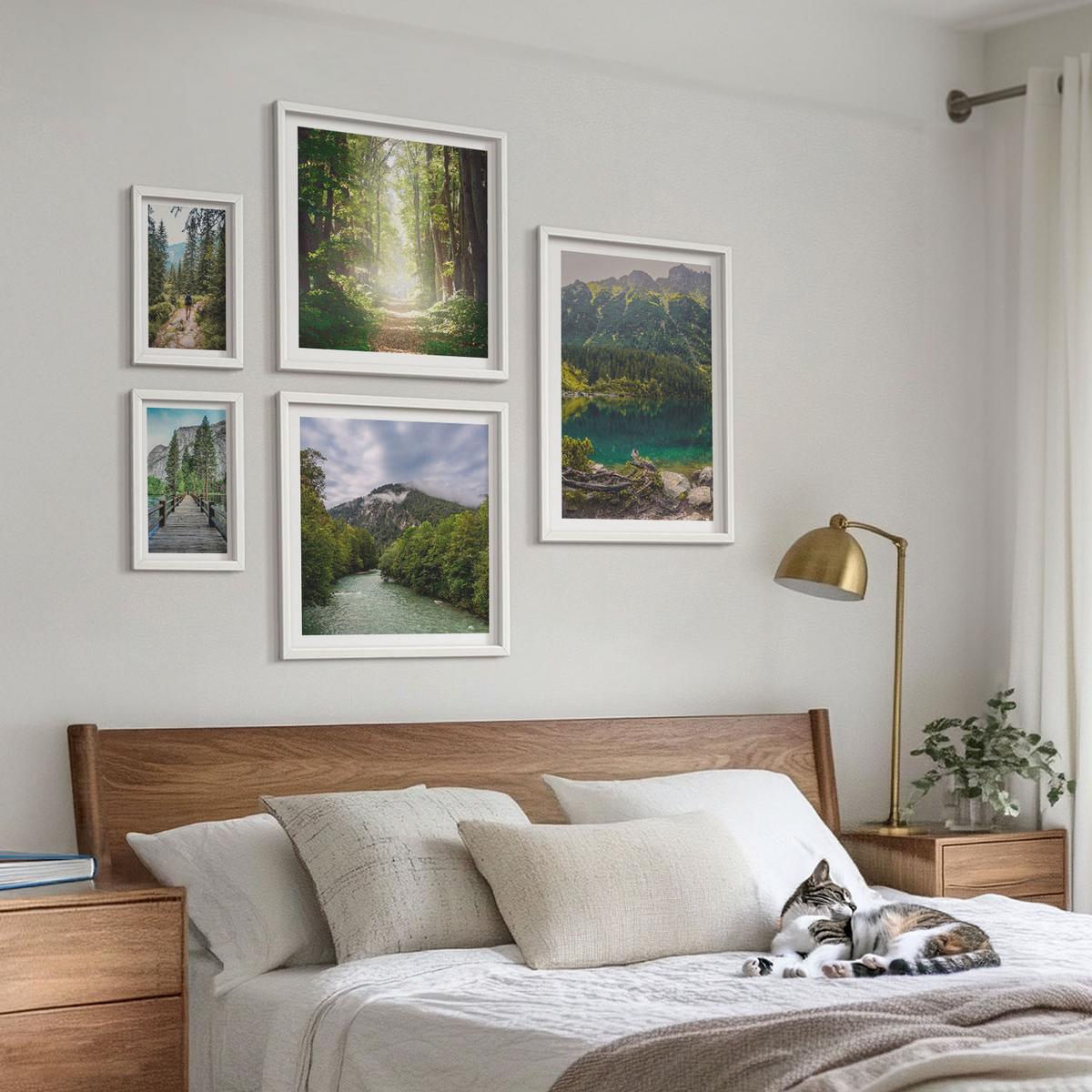 BILDER SET 5er Set - 50x50 cm & 20x30 cm & 40x60 cm Weißer Rahmen - Straße Wald Berge Hirsch Natur - Weiß, Kunststoff (40/60cm) - TULUP