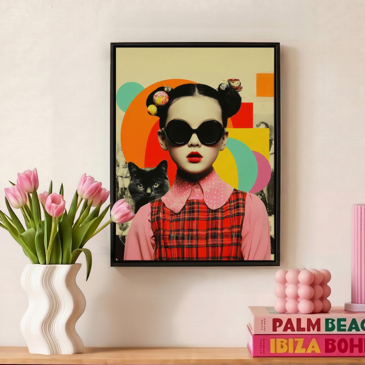 LEINWAND Bilder mit Rahmen - Mädchen - Sonnenbrille - Katze - Retro - 30x40 - Beige, Textil (30/40cm) - MuchoWow