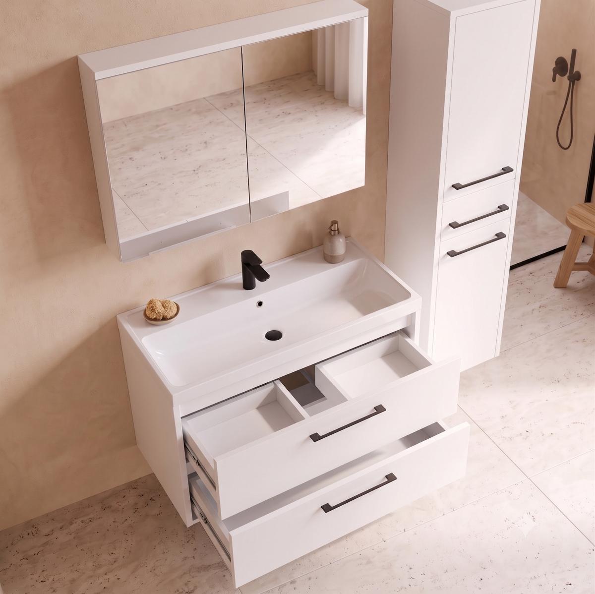 BADMÖBEL-SET Florence 3 Teile Hochglanz Weiß - 80 x 35 x 51 cm - Weiß, Holz (80/51/35cm) - Badplaats