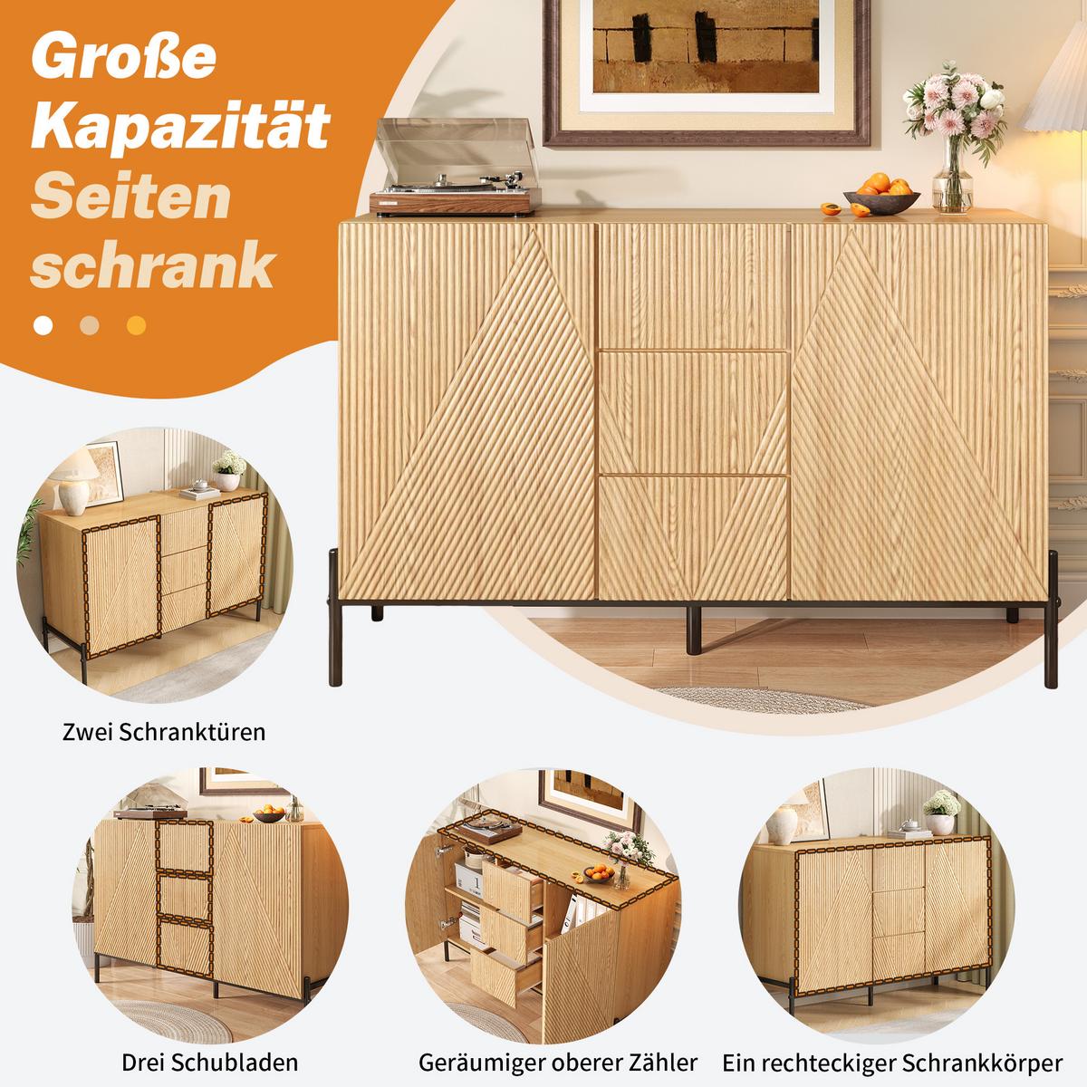 SIDEBOARD natur geometrisch 115cm 2 türen schubladen - Naturfarben, Holzwerkstoff (115.5/76/40cm) - Urban Meuble