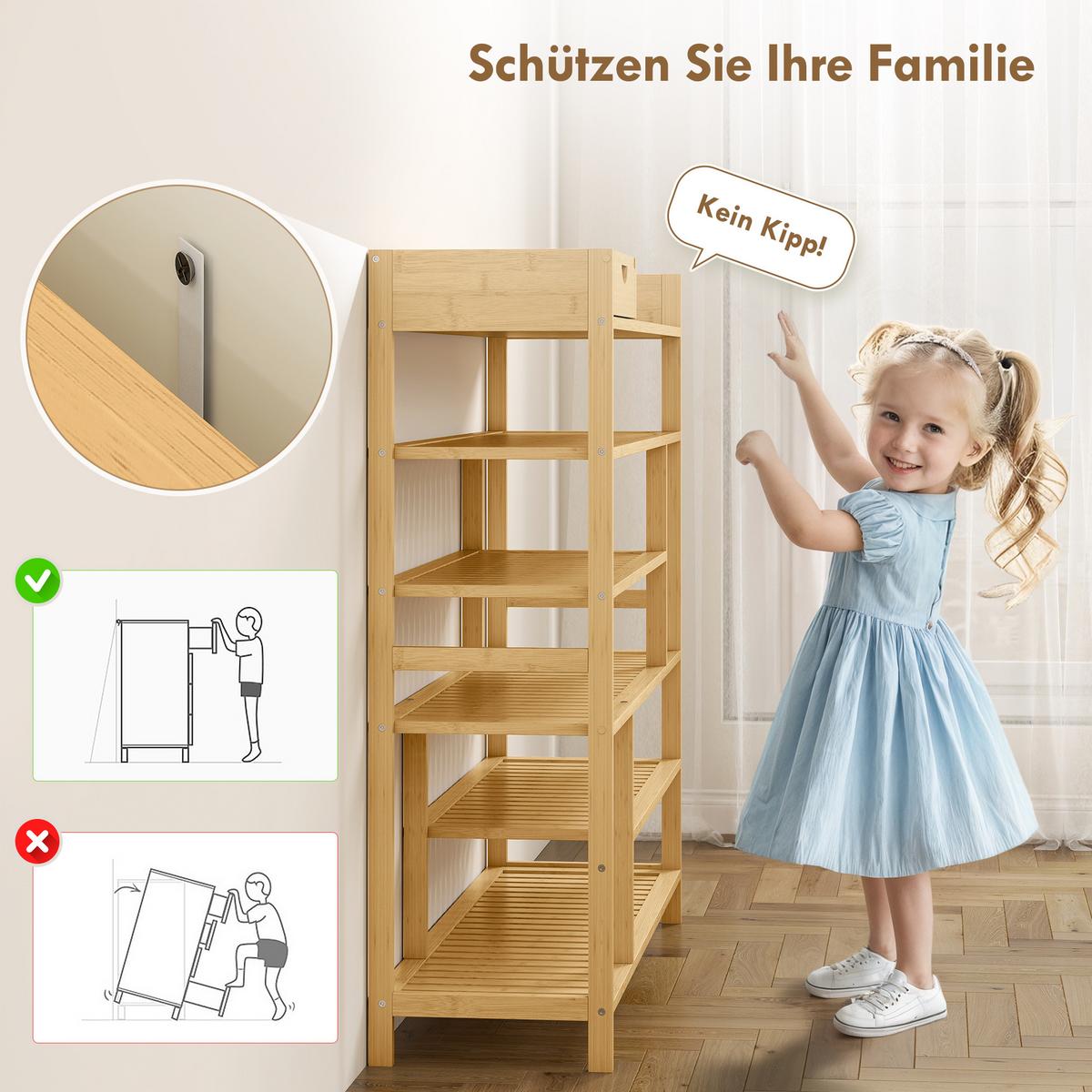 SCHUHREGAL, Schuhständer mit 6 Ebenen, Schublade für max. 18 Paar, Bambus - Naturfarben, Holz/Bambusholz (30/100/101cm) - HOMCOM