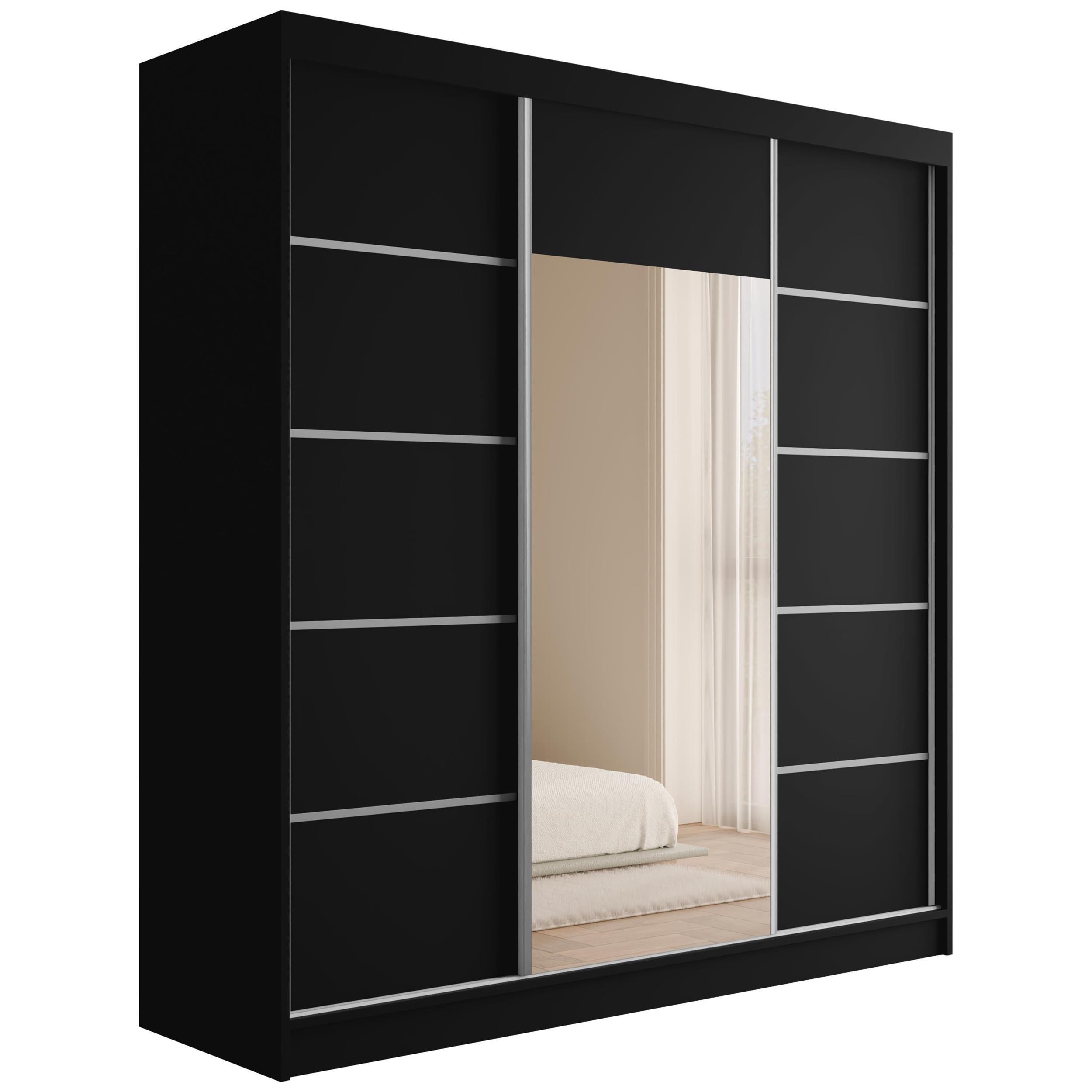 KLEIDERSCHRANK mit Spiegel V2-LINEA 215x200 cm Schwarz - Schwarz, Holzwerkstoff (200/215/61cm) - ALTDECOR