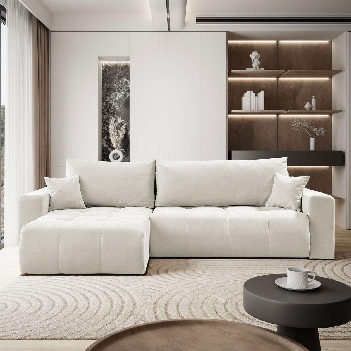 ECKSOFA Gepolstertes CLOUD mit Schlaffunktion und Bettkasten, Wind 02 - Beige, Textil (277/143cm) - Lookway