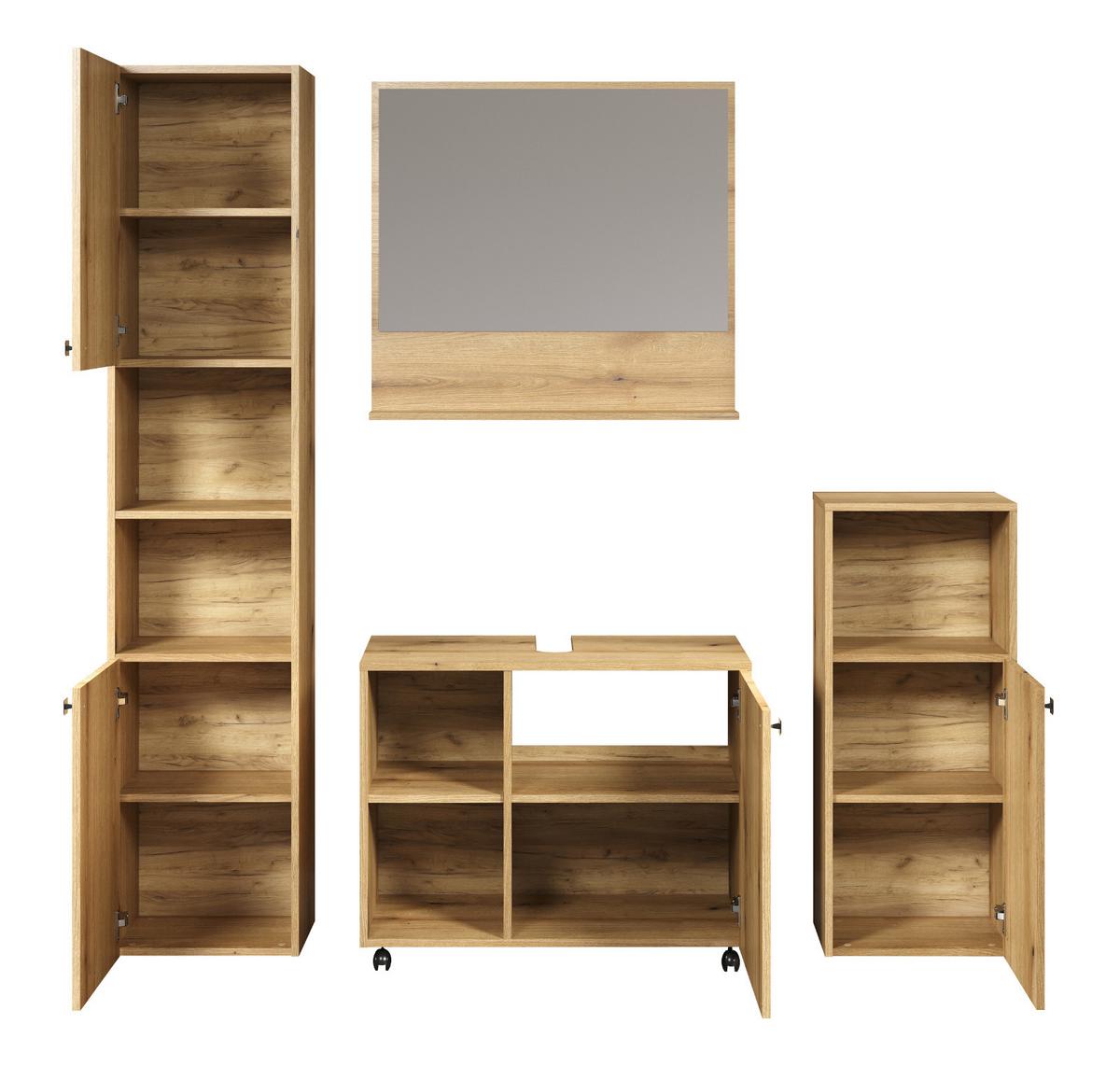 BADMÖBEL-SET Evoke Eiche 4-teilig 180 x 190 cm, Badkombination mit viel Stauraum - Eichefarben/Schwarz, Glas/Holzwerkstoff (40/190/180cm) - Top.Furn