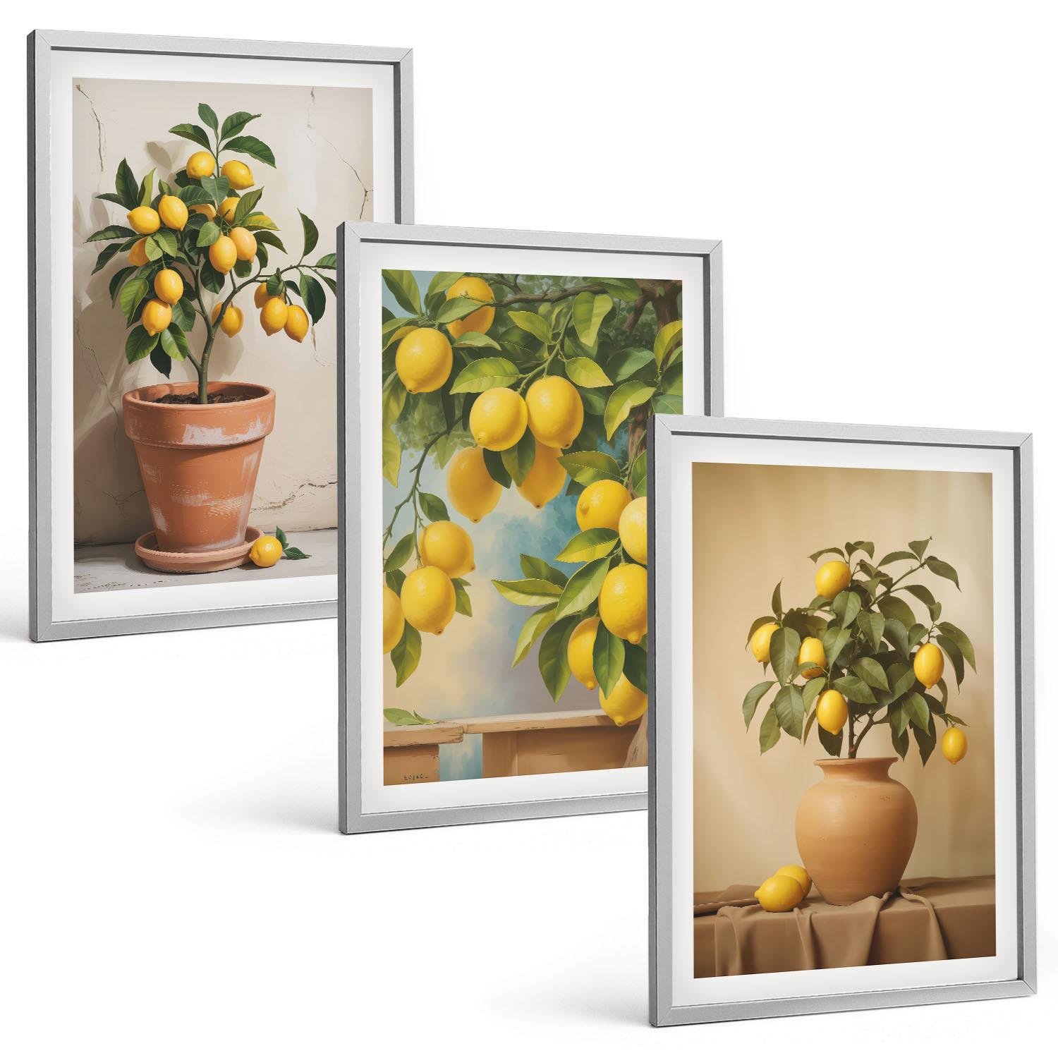 BILDER SET 3er Set - 40x60 cm Silberner Rahmen - Zitronenbäumchen im Topf und in der Vase - Silberfarben, Kunststoff (40/60cm) - TULUP