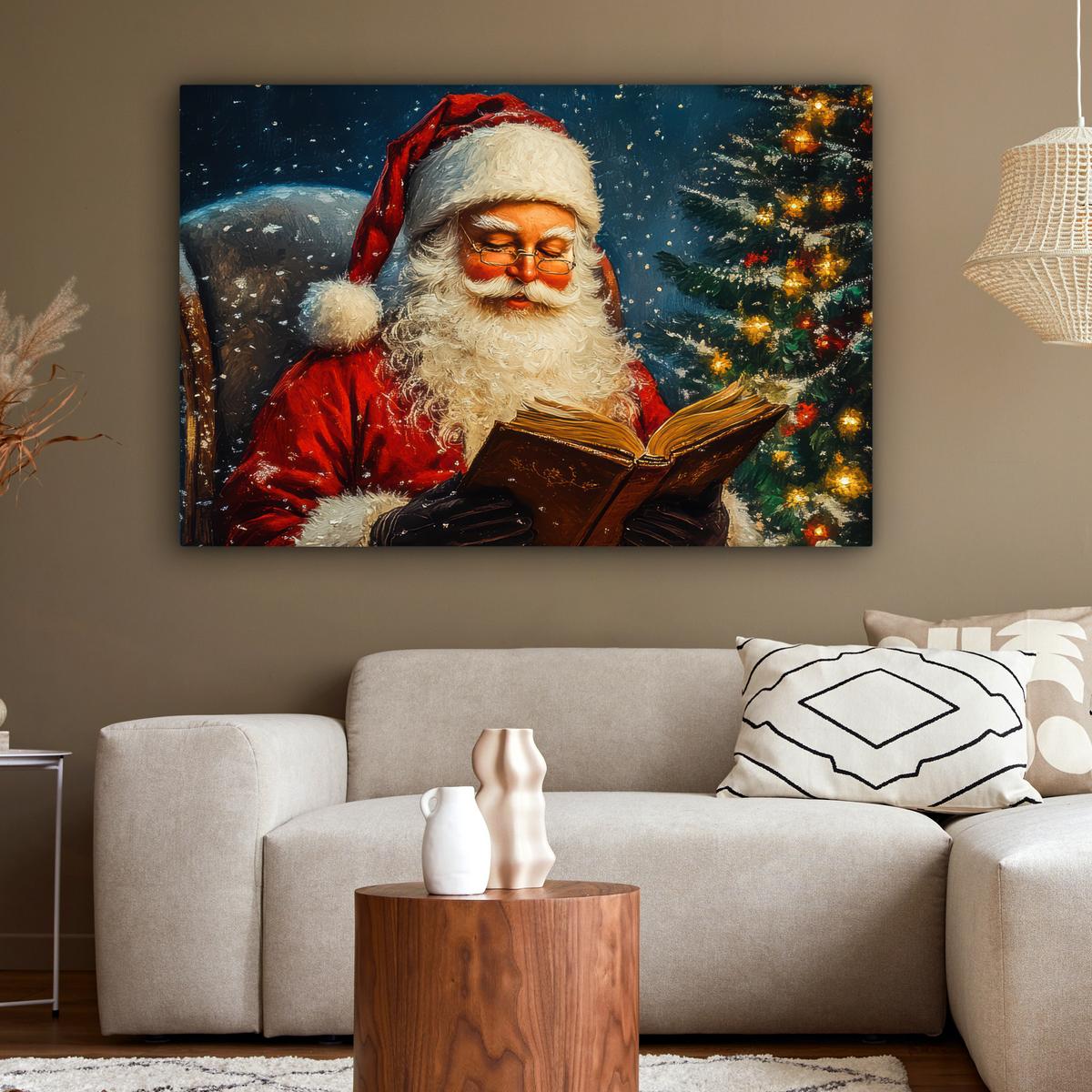 LEINWANDBILD Weihnachtsmann - Weihnachten - Winter - Weihnachtsbaum Wohnzimmer Groß 120x80 cm - Bordeaux, Textil (120/80cm) - MuchoWow
