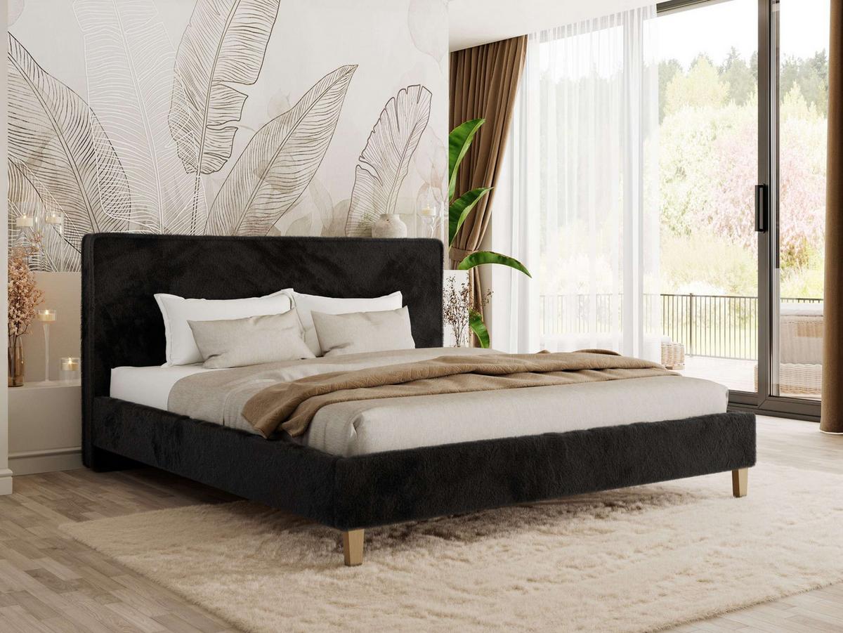 POLSTERBETT LUMARO CLASSIC 140/200 - Schwarz Plüsch - Matratze Foam - Schwarz/Kernbuche, Holz/Textil (140/200cm) - MKS