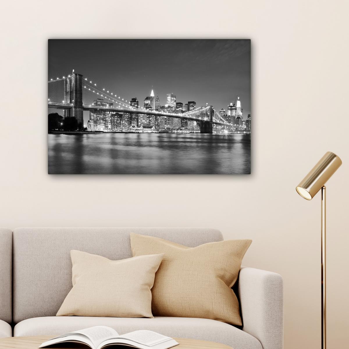 LEINWANDBILD New York - Brücke - Brooklyn - Schwarz und weiß - Architektur Gemälde 60x40 cm - Schwarz, Textil (60/40cm) - MuchoWow