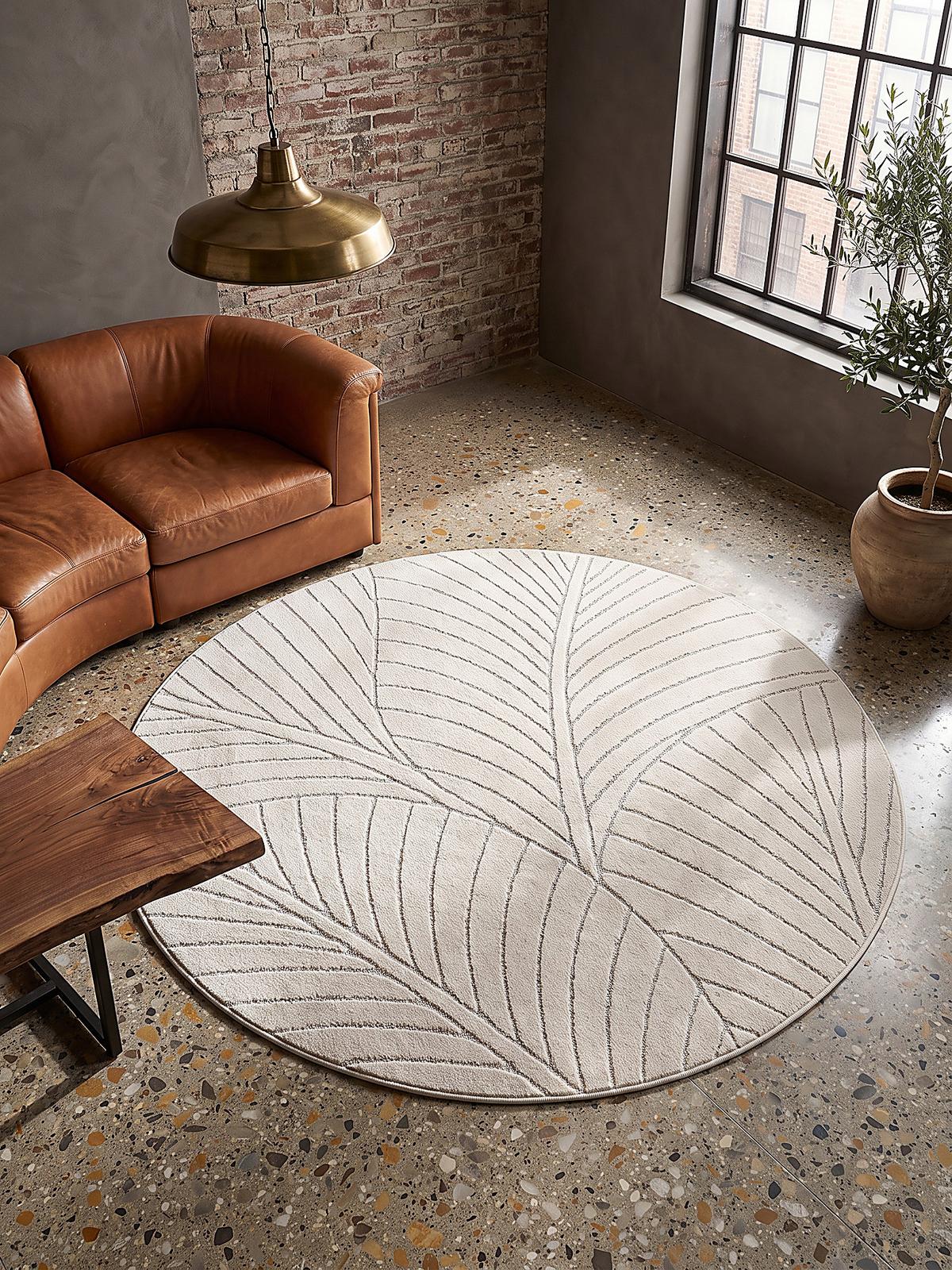 TEPPICH Outdoor, Fußbodenheizung-geeignet, mit Blattmotiv, ENGADIN in Creme, Ø 120 cm - Creme, Textil (120/120cm) - KADIMA DESIGN