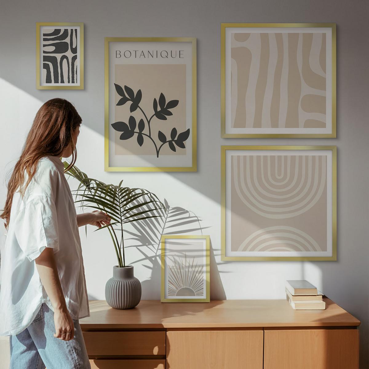 BILDER SET 5er Set - 50x50 cm & 20x30 cm & 40x60 cm Goldrahmen - Abstrakte Pflanzenmuster - Goldfarben, Kunststoff (40/60cm) - TULUP