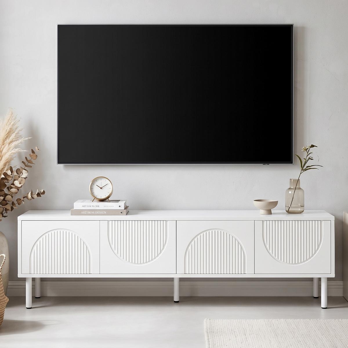 TV-LOWBOARD in Mattweiß mit 3D-Relief, mit 4 Fächern und Kabelmanagement - Weiß, Holzwerkstoff (180/52/40cm) - Urban Meuble