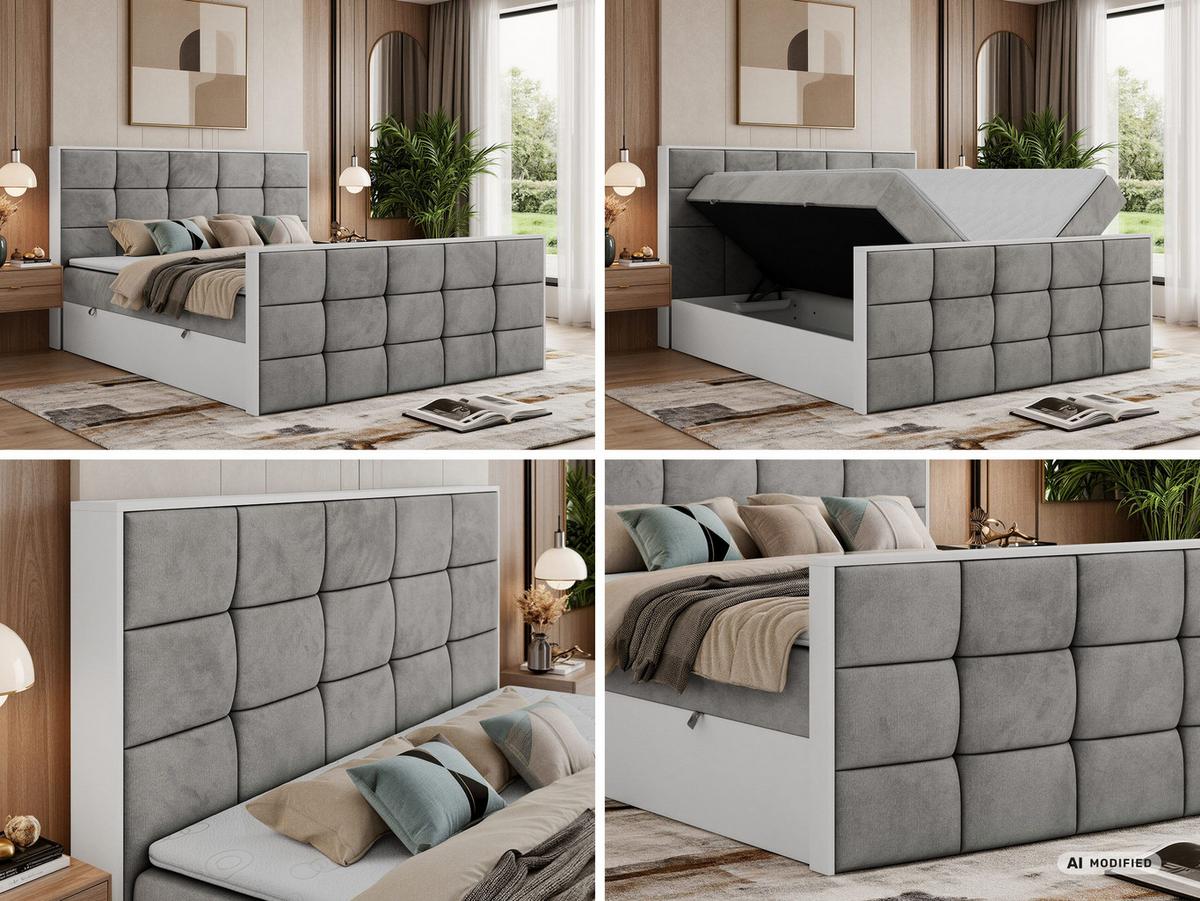 BOXBETT ALVIT DUO 180/200 - Hellgrau Velvet - Topper Visco - H3 - Hellgrau/Schwarz, Kunststoff/Textil (180/200cm) - MKS