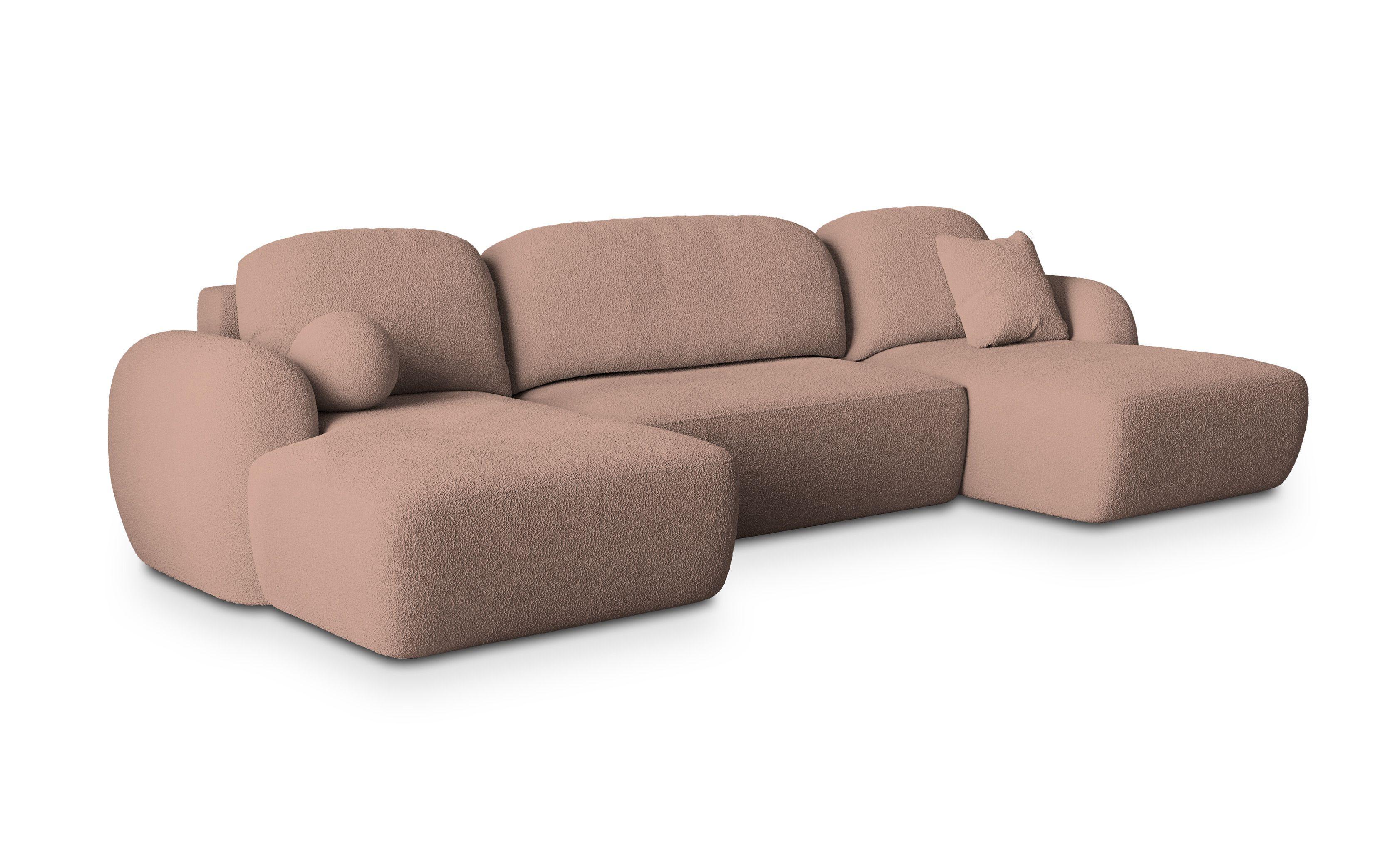 WOHNLANDSCHAFT SAVONA N Rosa Boucle-Stoff mit Schlaffunktion - Schwarz/Rosa, Holz/Kunststoff (320/90/148cm) - MASSENO
