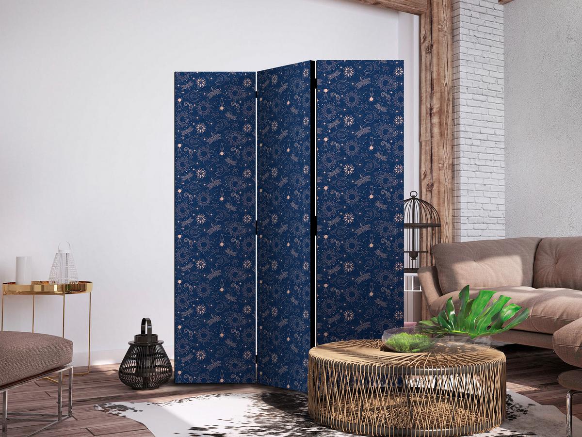 PARAVENT Beidseitig Bedruckter 3-tlg 135x172 cm Sonne Sterne Weltraum Boho - Blau, Holz/Textil (135/172/3cm) - Muralo