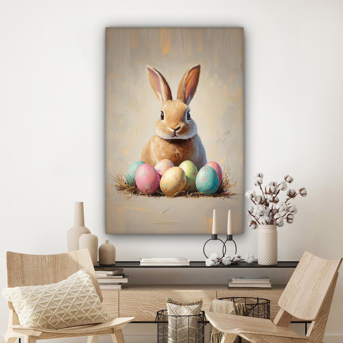 LEINWANDBILD Osterhase - Pastell - Eier Deko XXL 80x120 cm - Beige, Textil (80/120cm) - MuchoWow