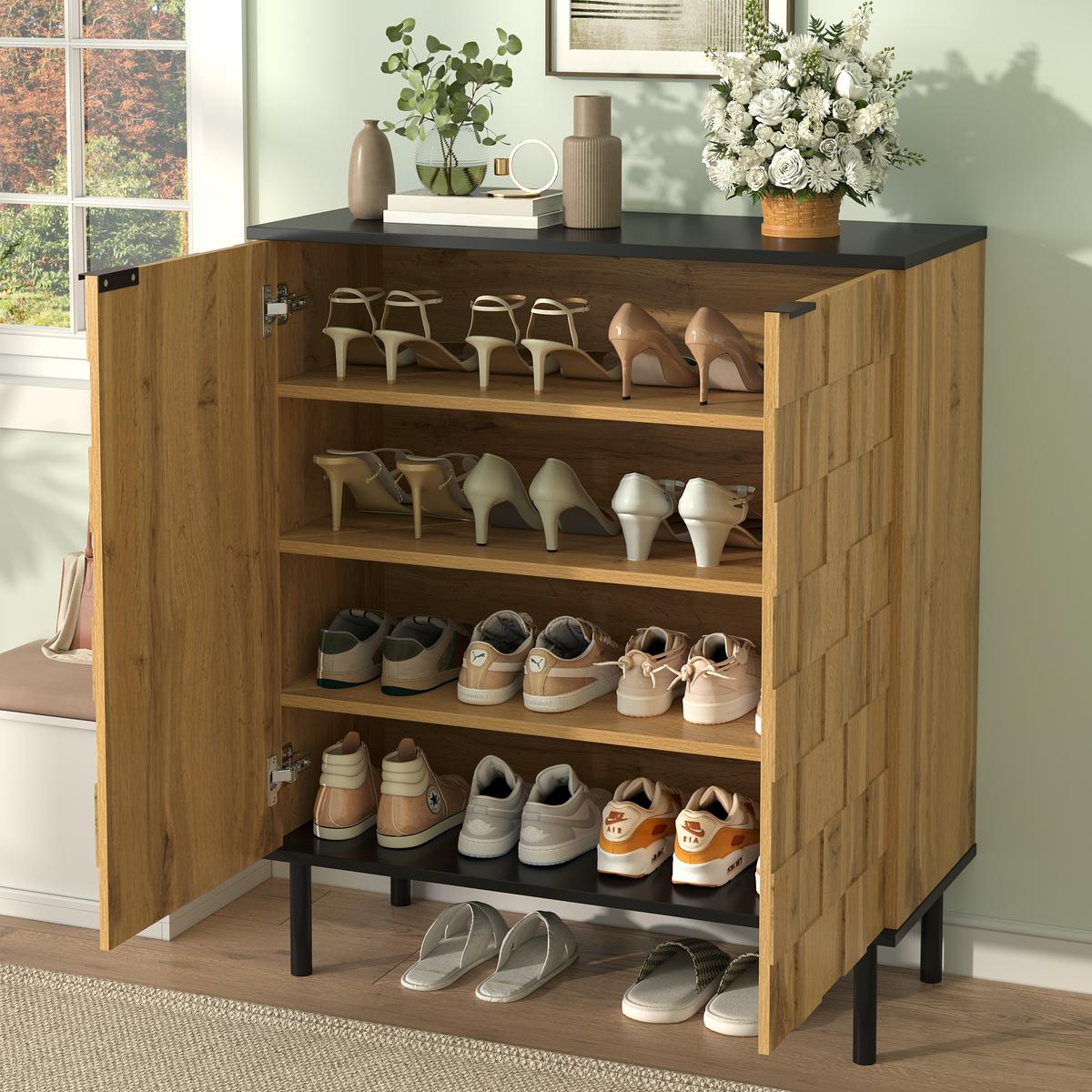 SCHUHSCHRANK holzoptik & mosaik-design mit 2 türen & verstellbaren fächern - Naturfarben, Holzwerkstoff (80/91.5/35cm) - Urban Meuble