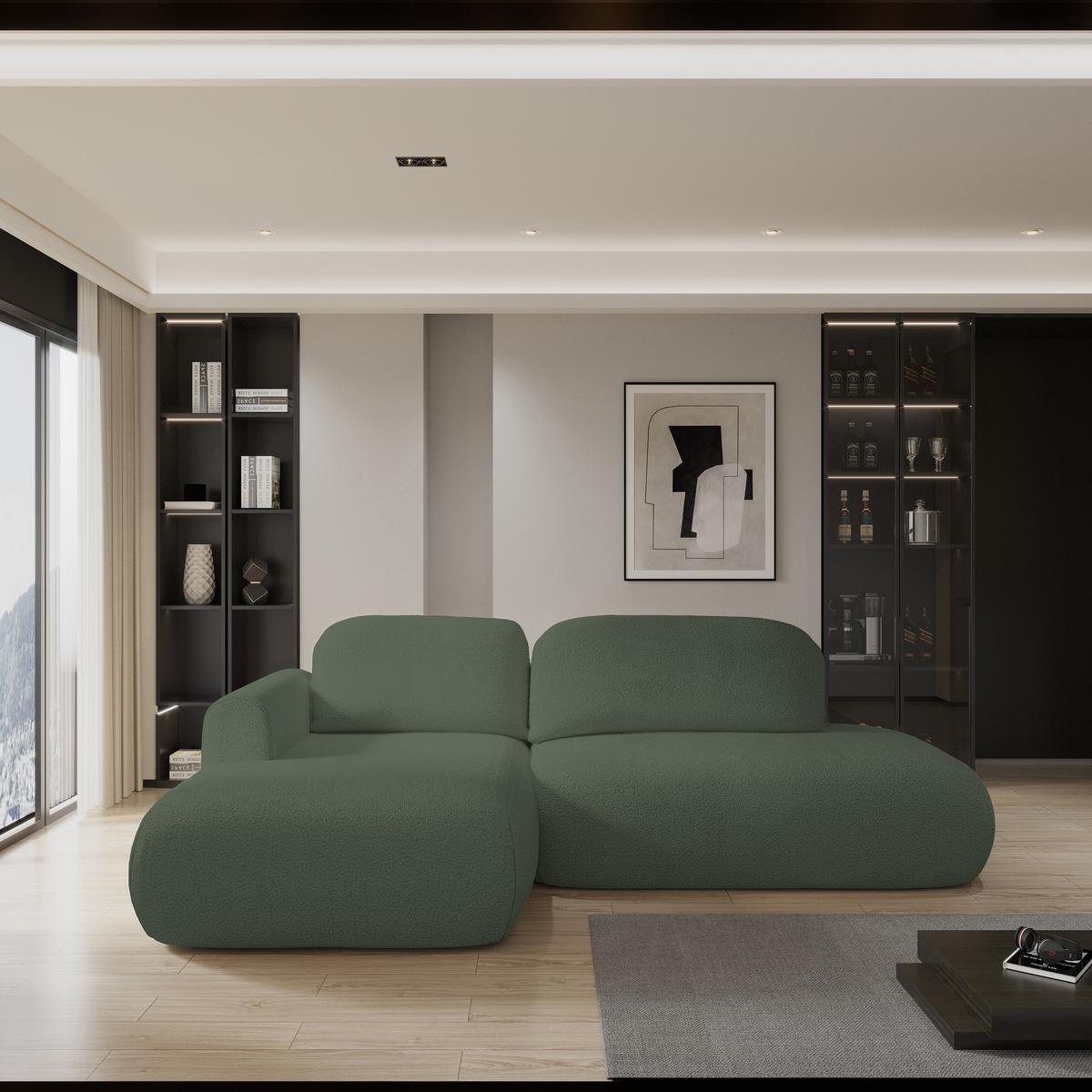 ECKSOFA NUVIRA L-S Grün Boucle-Stoff mit Schlaffunktion - Grün, Holz (279/158cm) - MASSENO