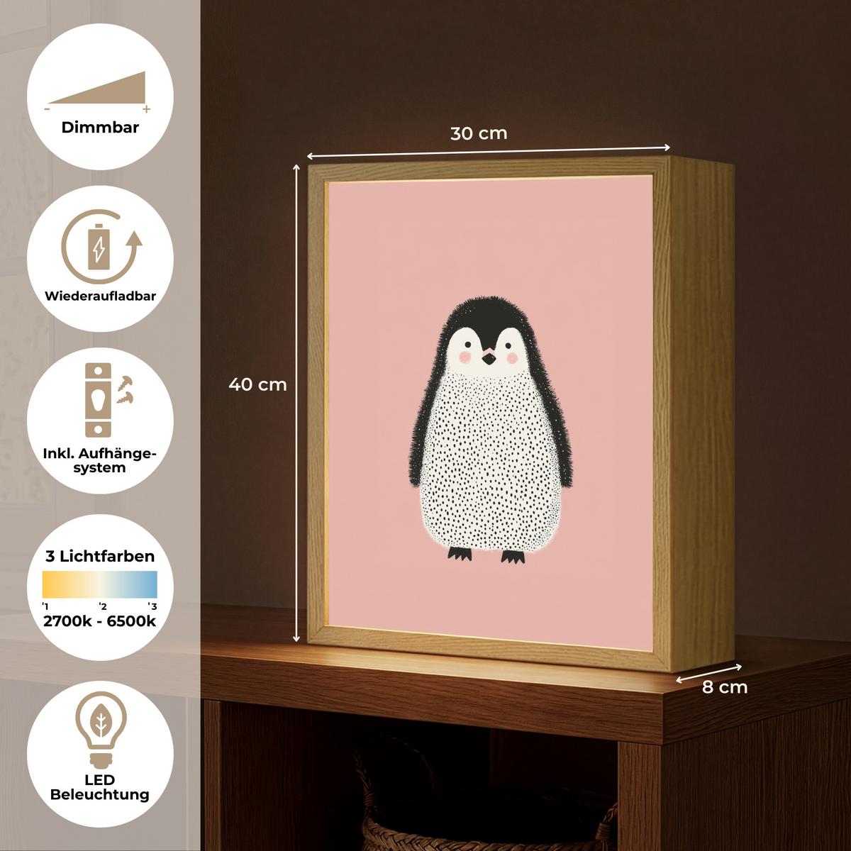 NACHTTISCHLAMPE MIT AKKU Pinguin - Punkte - Minimalistisch - Rosa 30x40 cm - Rosa, Holzwerkstoff (8/30/40cm) - OnlyWow