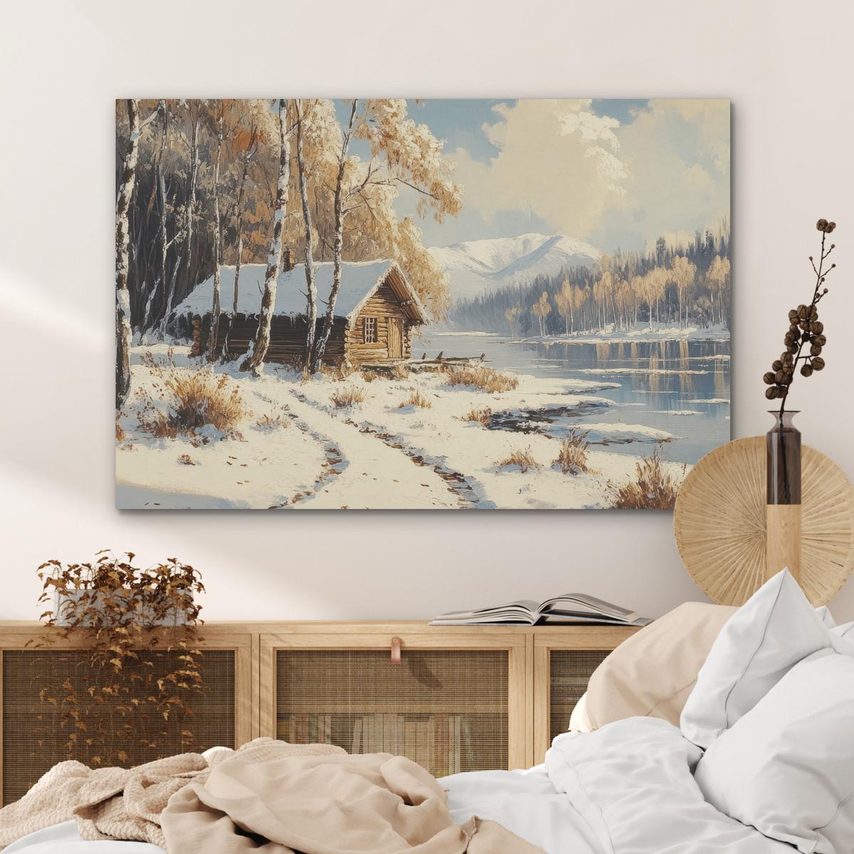 AKUSTIKBILD Winter - Schnee - Zuhause - Natur Wandbild Wohnzimmer 100x70 cm - Hellbraun, Kunststoff (100/70/0.9cm) - MuchoWow
