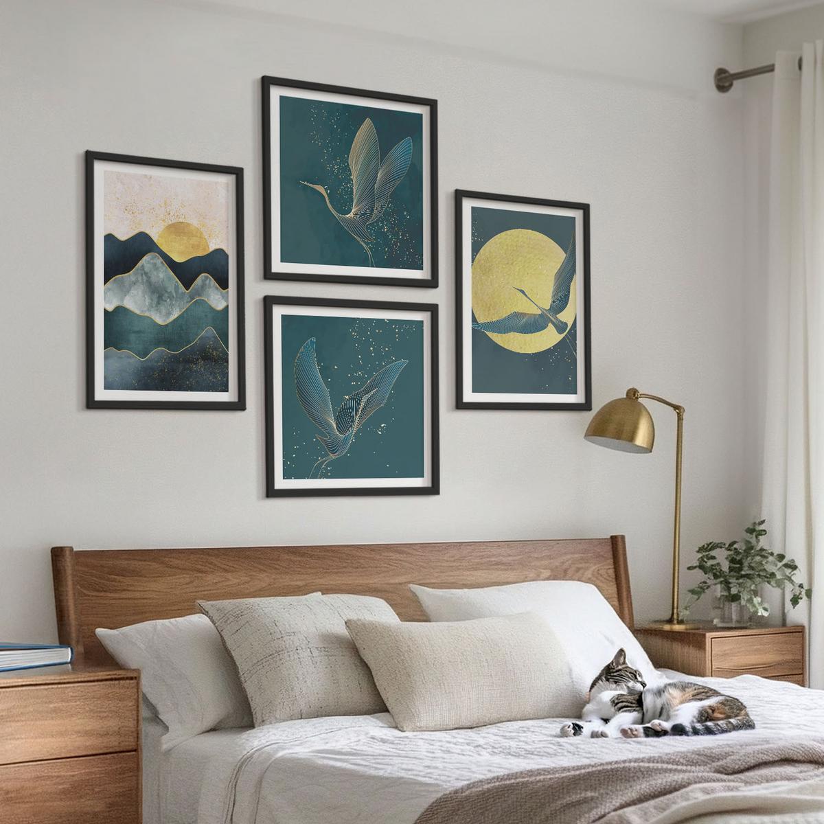 BILDER SET 4er Set - 50x50 cm & 40x60 cm Schwarzer Rahmen - Vögel, Kraniche, Mond, Berge - Schwarz, Kunststoff (50/50cm) - TULUP