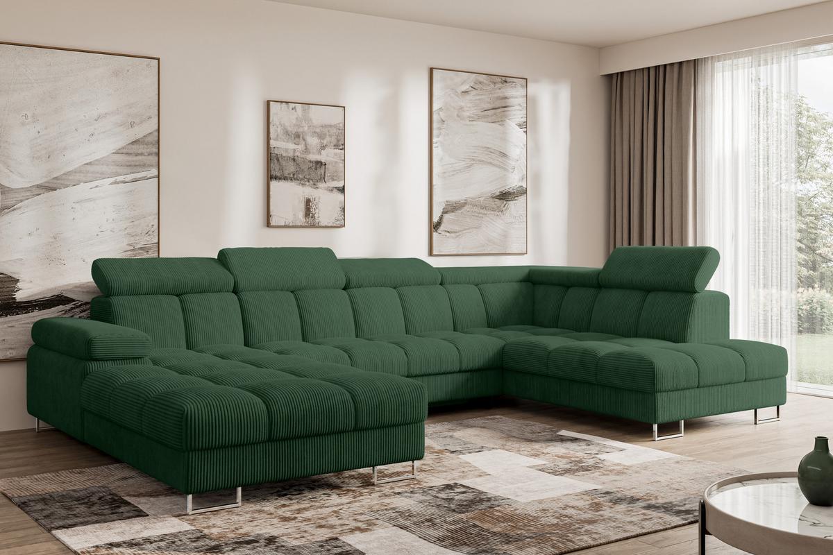 WOHNLANDSCHAFT mit Schlaffunktion und Bettkasten Ottomane RECHTS COMA U 345x203x79 Grün Cord - Waldgrün, Holzwerkstoff/Textil (203/79/345cm) - ALTDECOR