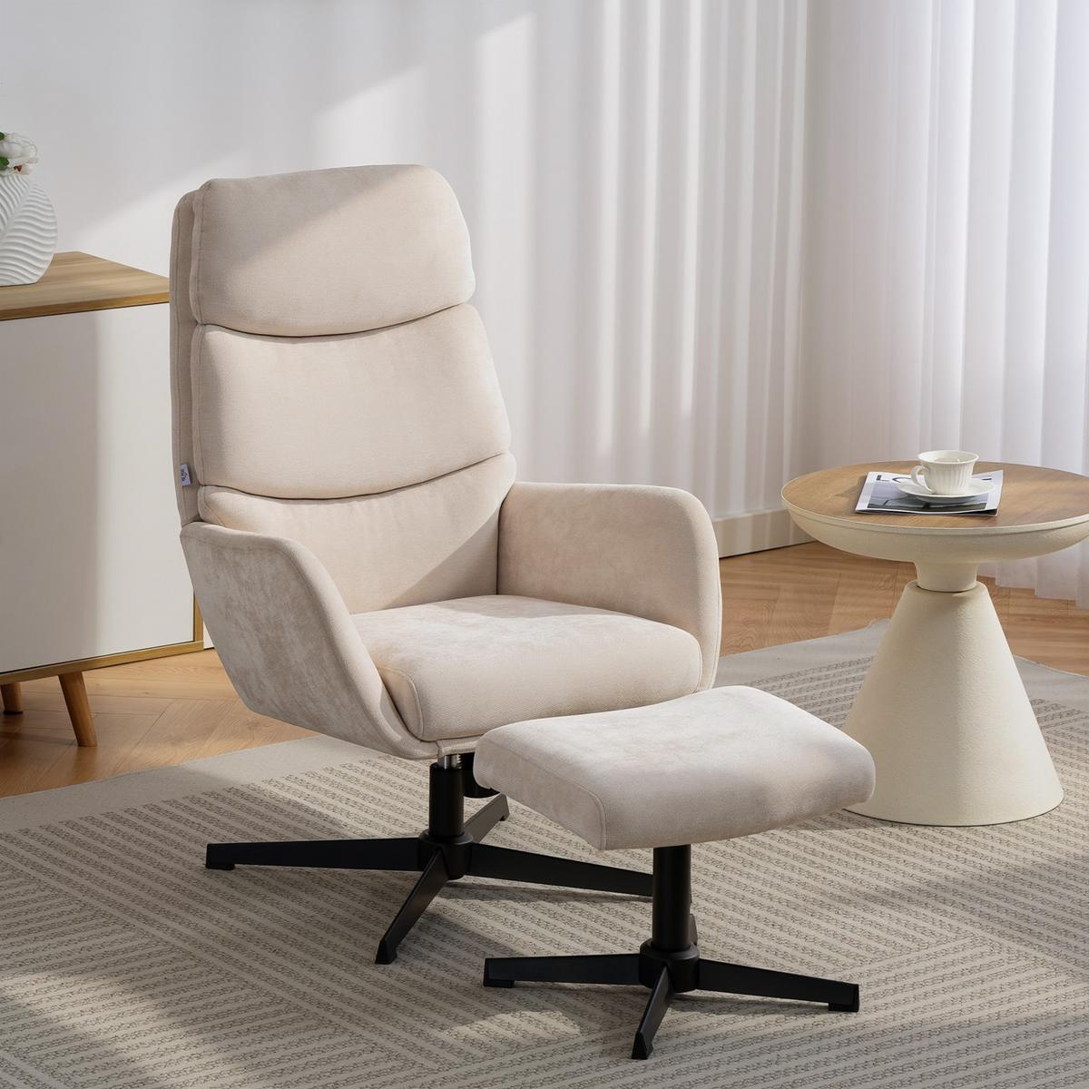 RELAXSESSEL mit Hocker, Fernsehsessel mit hoher Rückenlehne Wippfunktion Beige - Beige/Schwarz, Textil/Metall (66/99/75cm) - HOMCOM