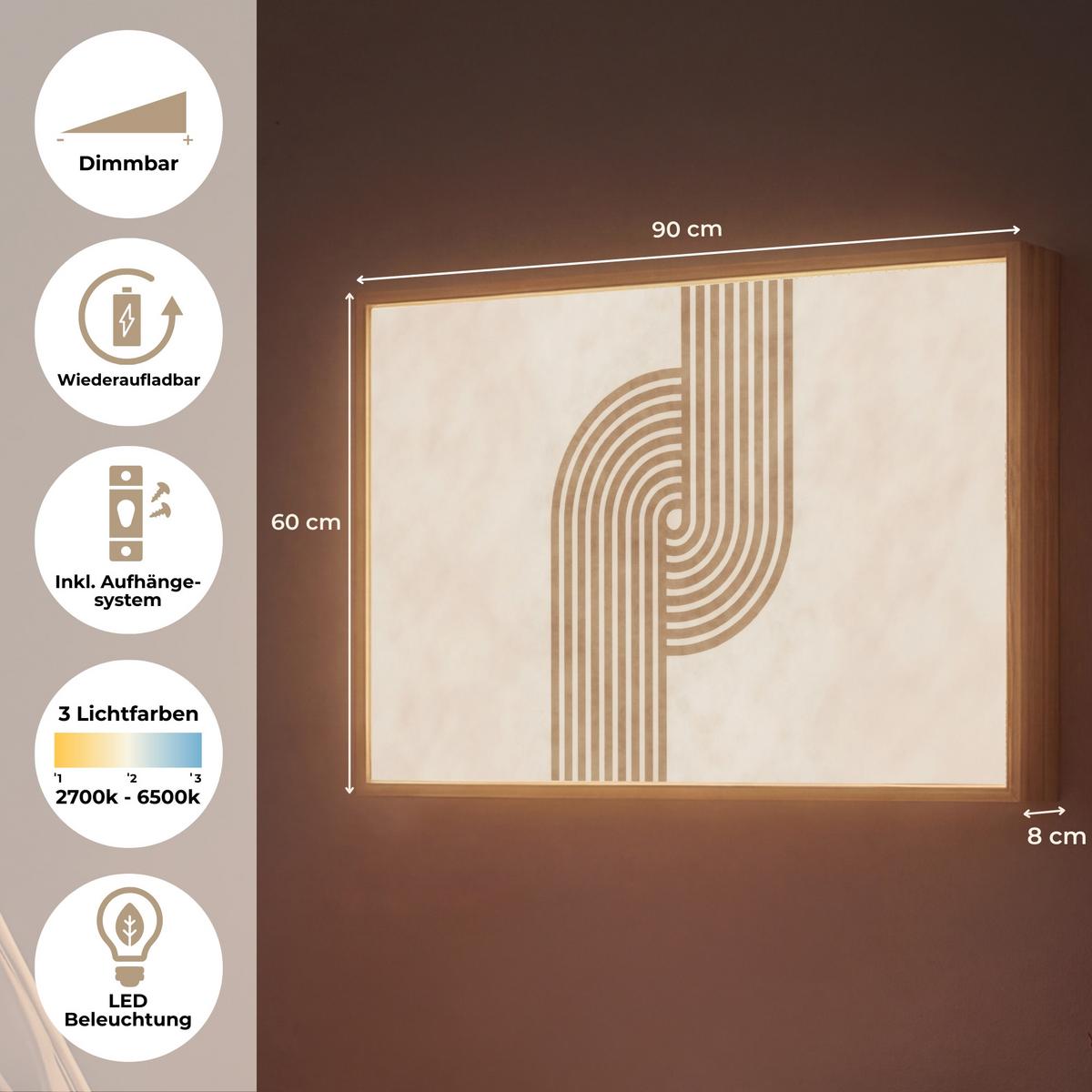 WANDLEUCHTE MIT AKKU Symmetrische Biegung - kupferfarbig 90x60 cm - Beige, Holzwerkstoff (90/60/8cm) - OnlyWow